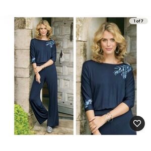 Soft Surroundings Garbo Navy Blue Jumpsuit Embroidered Jersey Women's Sz XL READ
